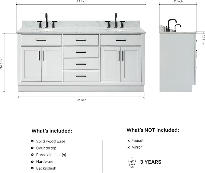 ARIEL Hepburn 72-inch Bathroom Vanity with Sink,Solid Wood, 0.75-inch Italian Carrara Marble Countertop & Backsplash, Double Oval Porcelain Sink, 4 Soft Closing Doors, 6 Dovetail Drawers, Grey