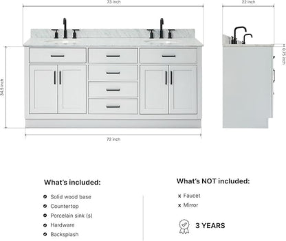 ARIEL Hepburn 72-inch Bathroom Vanity with Sink,Solid Wood, 0.75-inch Italian Carrara Marble Countertop & Backsplash, Double Oval Porcelain Sink, 4 Soft Closing Doors, 6 Dovetail Drawers, Grey