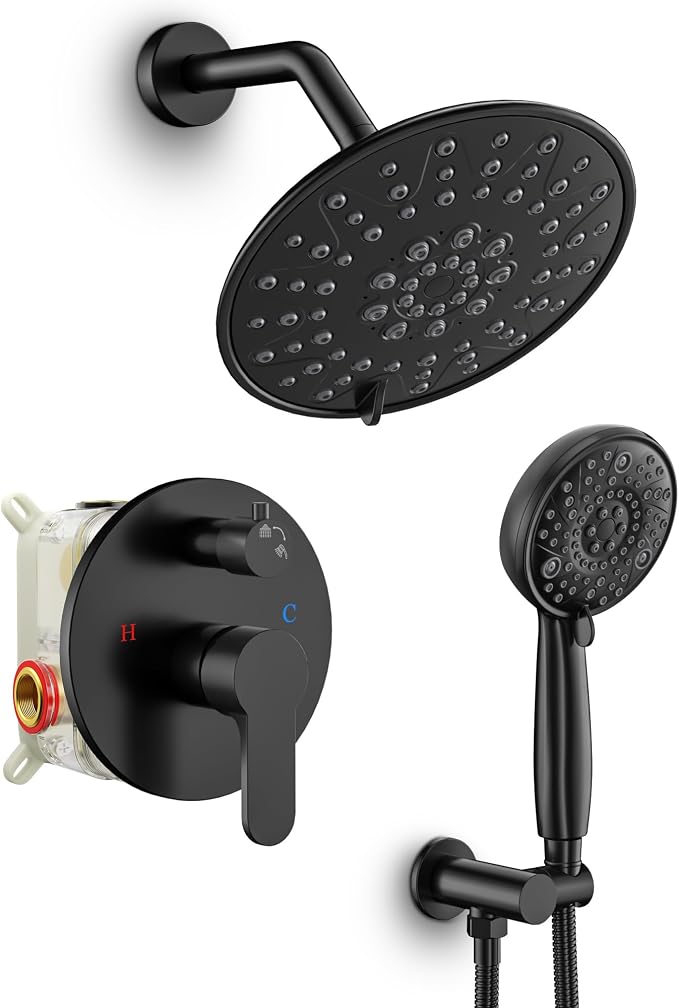 SR SUN RISE Shower Faucet - 8 Inch Multifunctional High Pressure Shower Head System with Handheld Shower Head Fixtures - Valve Included - Matte Black