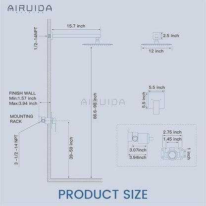 Airuida 12 Inch Matte Black Shower Faucet Set,Shower Valve Kit | Rainfall Shower Head and Handle Set,Female Thread Rough-in Valve Shower Kit,Single Function Shower System