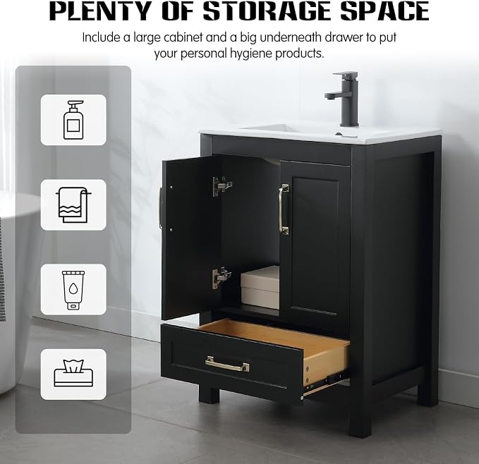 LUCKWIND 24" Bathroom Vanity and Sink Combos, Modern Bathroom Storage Painted Cabinet with Undercounter Ceramic Single Sink Top, Matte Black Faucet and Drawer, Mirror Not Included, Black