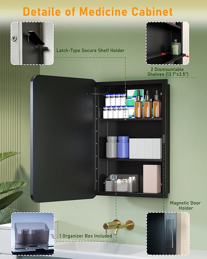 16x24 Inch LED Medicine Cabinet Mirror, Bathroom Mirror with Lights and Storage Wall Mounted & Recessed with Anti-Fog, Dimmable 3 Color Light with Memory, 2 Shelves & 1 Organizer Box, Left Hinge