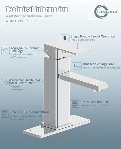 Bathroom Faucet-2 Sets, Bathroom Sink Faucets with Pop-up Drain and Deck Plate, Stainless Steel Faucets for Sink 3 Hole, Single Handle Vanity Faucet for Vessel, Chrome