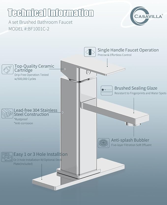 Bathroom Faucet, Bathroom Sink Faucets with Pop-up Drain and Deck Plate, Single Hole Vanity Sink Faucet for Modern Farmhouse RV Vessel Sink (1~3 Holes), Chrome