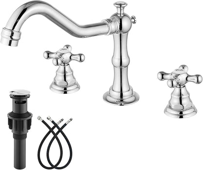 gotonovo Bathroom Faucet 3 Hole 8 Inch Widespread Bathroom Sink Faucet 2 Cross Handles Vintage Lavatory Vanity Mixer Tap with Pop Up Drain, Round Font Label, Polish Chrome
