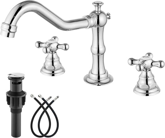 gotonovo Bathroom Faucet 3 Hole 8 Inch Widespread Bathroom Sink Faucet 2 Cross Handles Vintage Lavatory Vanity Mixer Tap with Pop Up Drain, Round Font Label, Polish Chrome