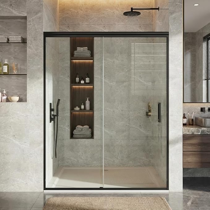 56-60" W x 72" H Fully Framed Sliding Shower Door, 1/4" (6mm) SGCC Tempered Glass with Matte Black Aluminum Alloy Frame, Reversible Installation & Stainless Steel Handle, Bypass Bathroom Door