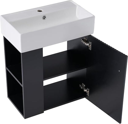 LUMISOL 21.6" Floating Bathroom Vanity with Sink, Wall Mounted Bathroom Vanity with Left Side Storage & Soft-Close Door, Small Bathroom Cabinet with Ceramic Sink, Black