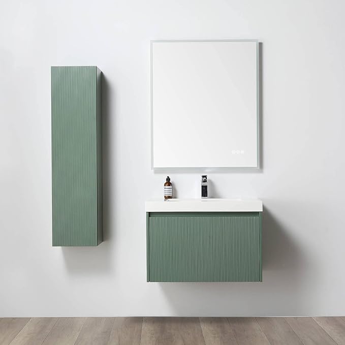 Blossom 30 Inch Bathroom Vanity with Sink and Side Cabinet, All Wood Floating Bathroom Vanity with Acrylic Sink, Bathroom Sink Cabinet with Soft-Close Drawer, Modern Style Vanities, Aventurine Green