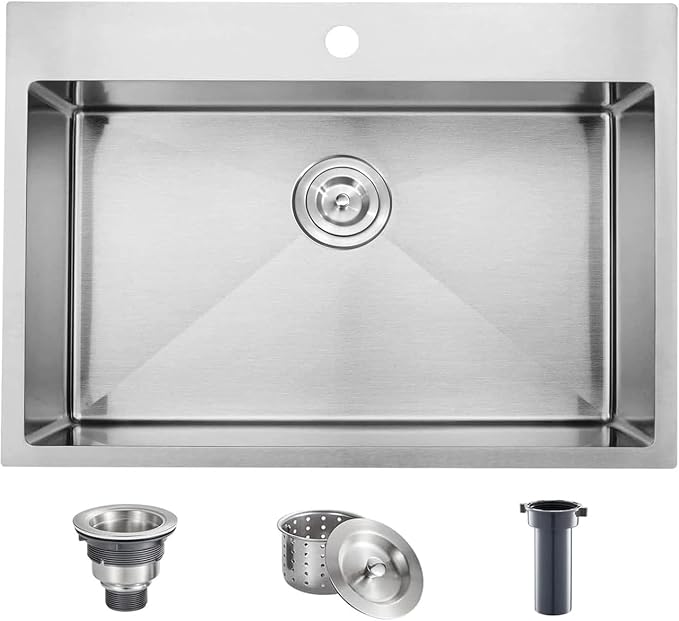 Comllen 28 inch Drop in Kitchen Sink, 28x18 inch Topmount Stainless Steel Sink, 18 Gauge T304 Single Bowl Kitchen With Strainer