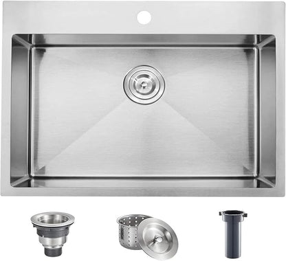 Comllen 28 inch Drop in Kitchen Sink, 28x18 inch Topmount Stainless Steel Sink, 18 Gauge T304 Single Bowl Kitchen With Strainer