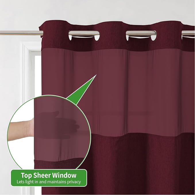 eachope No Hook Fabric Shower Curtain with Snap-in Liner,71x86 Burgundy | Extra Long,Linen Texture,230GSM Thick Fabric,Mesh Window,Bottom Magnetic,Waterproof & Machine Washable,for Bathroom,Hotel Use