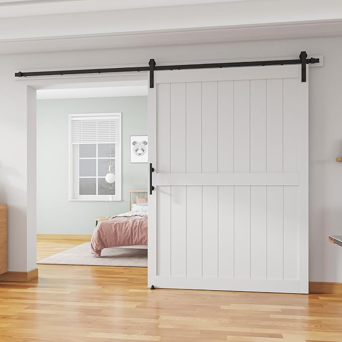 60''x 84'' Sliding Barn Door with 10 Ft Barn Door Hardware Kit | Pre-Drilled Holes Easy Assembly - Include Installation Manual, Water-Proof PVC Surface, H-Frame, White