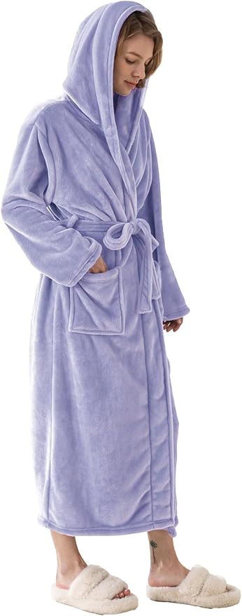 Robes for Women - Hooded Plush Fleece Bathrobe with Sash & Pockets, Full-Length Lightweight Spa Robe