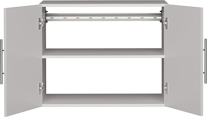 Prepac HangUps 30" Wide Upper Garage Storage Cabinet, Wood Hanging Wall Cabinet for Laundry Room, Wall Mounted Storage with Adjustable Shelf, Floating Cupboard with Metal Hanging Rail, Light Gray