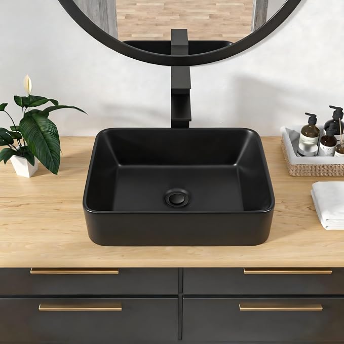 16"x12" Vessel Sink Rectangle - Modern Above Matte Black Porcelain Ceramic Bathroom Vessel Vanity Sink Bowl Art Basin