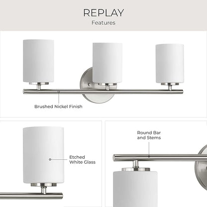 Replay Collection 3-Light Etched White Glass Modern Bath Vanity Light Brushed Nickel