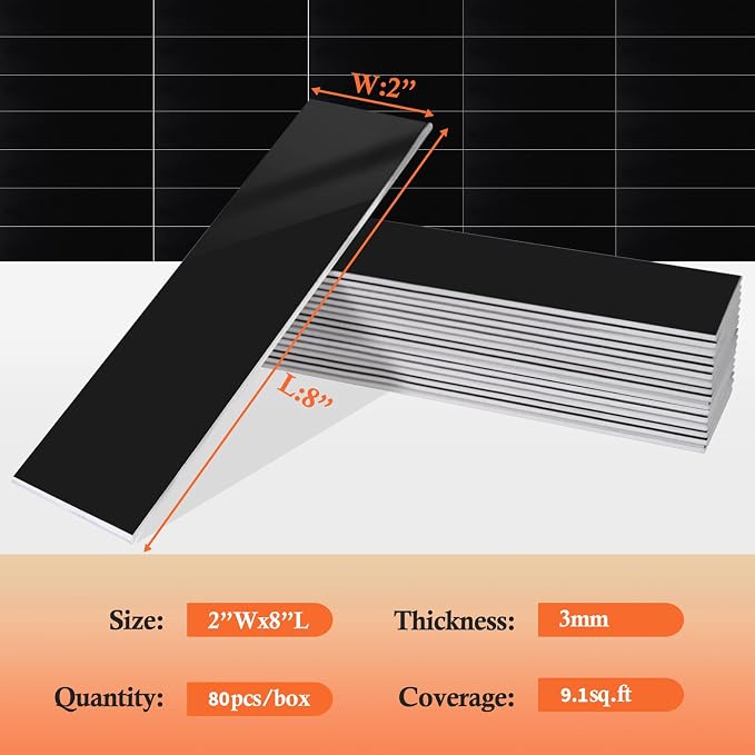 80-Piece Polished Black Thick PVC Peel and Stick Backsplash, 2" x 8" Waterproof Subway Tile Peel and Stick Wall Tiles for Kitchen and Bathroom