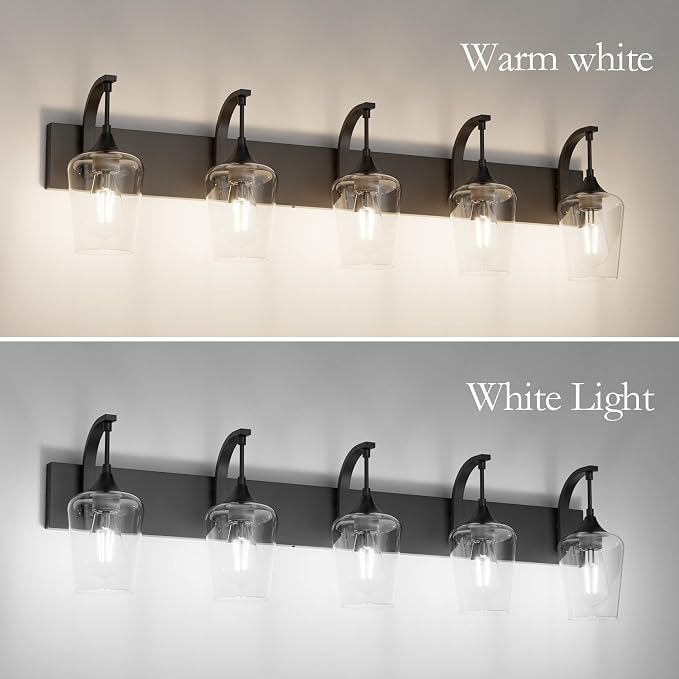Ralbay Matte Black Bathroom Light Fixtures 5-Lights Industrial Black Vanity Lights Clear Glass Vintage Edison Matte Black Wall Mount Light Fixture for Bathroom