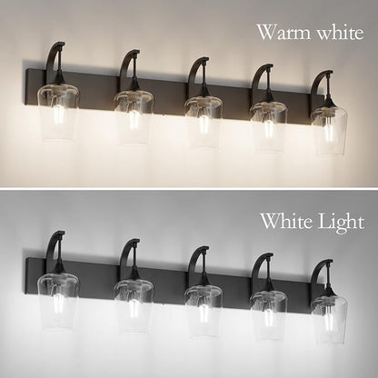 Ralbay Matte Black Bathroom Light Fixtures 5-Lights Industrial Black Vanity Lights Clear Glass Vintage Edison Matte Black Wall Mount Light Fixture for Bathroom