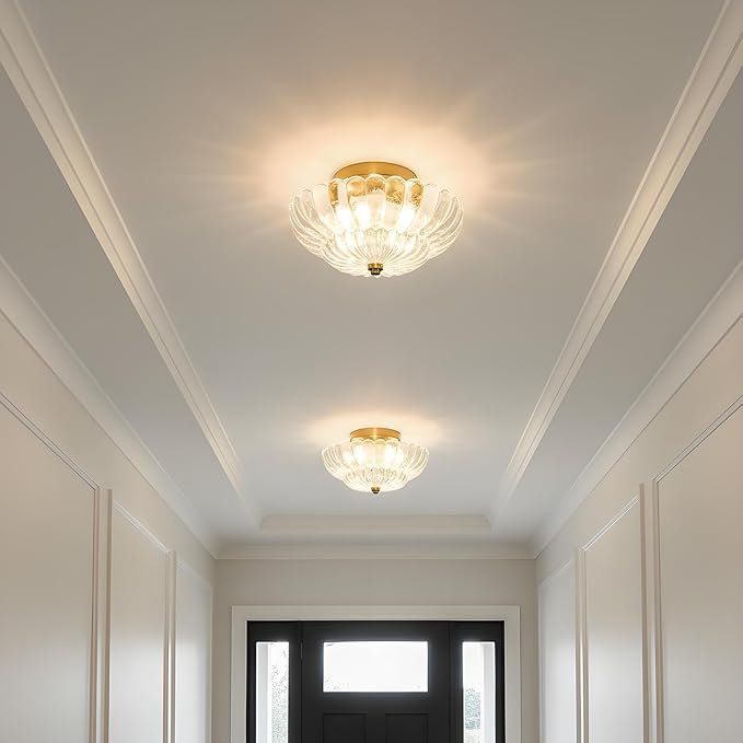 Clear Glass Semi Flush Mount Ceiling Light Fixture,11.8 in,3-Lights | Flower Shape,Round Gold Base,Use E26 Bulb,Support Dimmable,for Hallway,Bedroom,Bathroom,Foyer,Closet,Entryway,Laundry Room