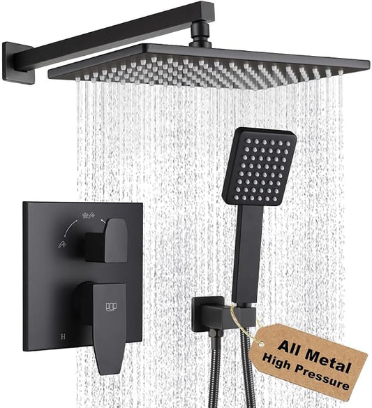 Matte Black Shower Faucet Set Rainfall 12 Inch Shower Head and Handle Set Bathroom Rain Shower System Wall Mounted Shower Fixture Include Shower Valve and Trim Kit
