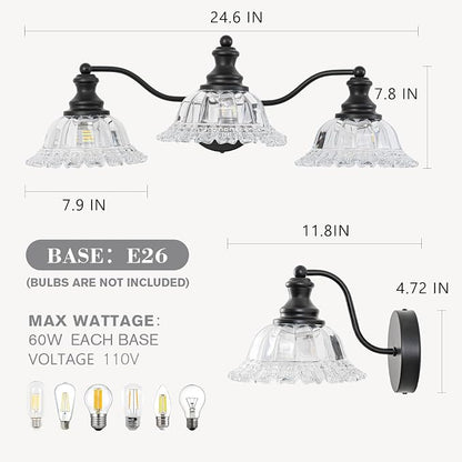 Black Bathroom Light Fixtures Over Mirror, 3 Light Vintage Bathroom Vanity Light Fixture with Clear Flower Glass Shades, Retro Vanity Lights for Bathroom, Bathroom Vanity Lights Over Mirror