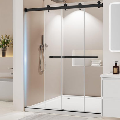 Frameless Stainless Steel Sliding Shower Door, 56-60" W x 76" H - 1/4” (6mm) Thick Tempered Glass Rust-Proof Glass Shower Door with Dual Tracks in Matte Black
