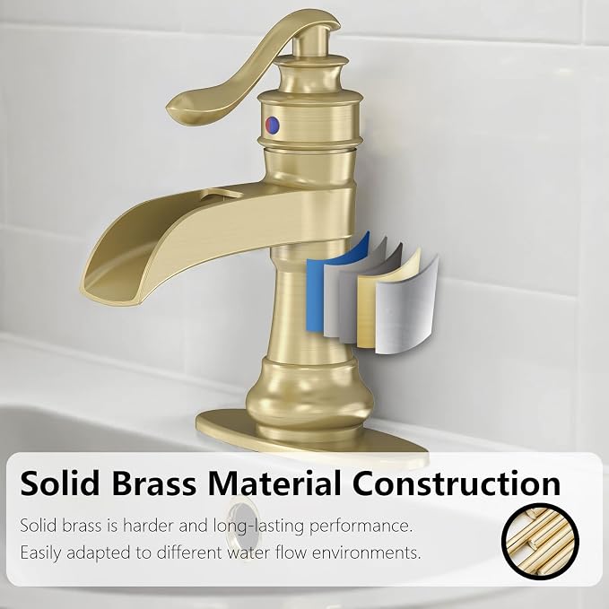 Bathroom Sink Faucet Waterfall Brushed Gold Single Handle | Pop Up Drain,Easy to Clean,Stable Installation,Suitable for bathrooms, balconies and laundry room,Elegant Minimalist Style