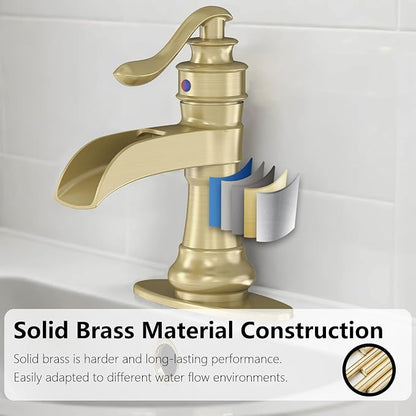 Bathroom Sink Faucet Waterfall Brushed Gold Single Handle | Pop Up Drain,Easy to Clean,Stable Installation,Suitable for bathrooms, balconies and laundry room,Elegant Minimalist Style