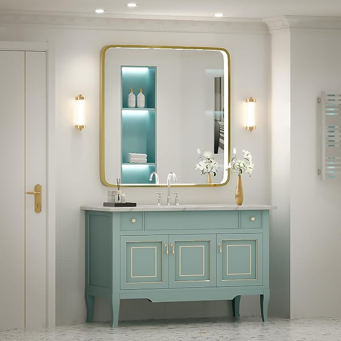 36X36 Inch LED Gold Frame Bathroom Mirror, ETL Listed | Anti-Fog,3 Color 3000K/4500K/6000K Dimmable,Horizontal & Vertical,Wall Mounted,Memory Function
