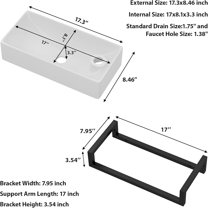 Wall Mount Sink Small - 17" x 9" Floating Bathroom Sink Rectangle White Porcelain Ceramic Right Hand Sink with Towel Rack