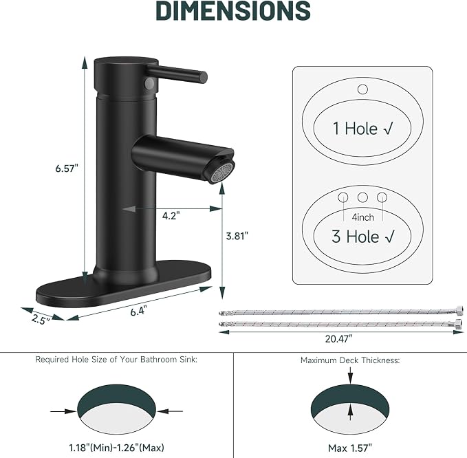Bathroom Faucet for 1 or 3 Holes, Brass, Matte Black | Single Handle Bathroom Sink Faucets, Modern Commercial Lavatory Vanity Faucets, with Deck Plate and Supply Line, No Drain