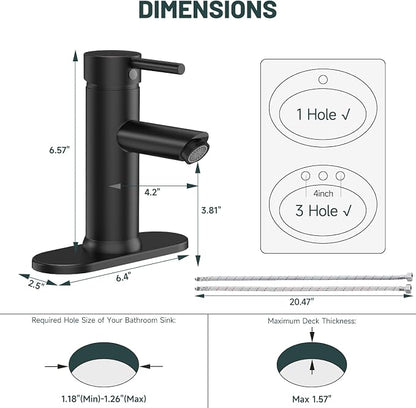 Bathroom Faucet for 1 or 3 Holes, Brass, Matte Black | Single Handle Bathroom Sink Faucets, Modern Commercial Lavatory Vanity Faucets, with Deck Plate and Supply Line, No Drain