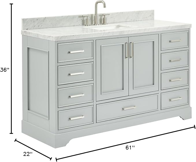 Langford 60-inch Grey Bathroom Vanity with Center Rectangle Single Sink, Italian Carrara Marble Countertop & Backsplash, Solid Wood Frame, Soft-Closing & Dovetail Drawers