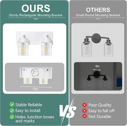 IZORRO Bathroom Vanity Light Fixture, 2-Light 15 Inch White Bathroom Light Fixtures Over Mirror, with Clear Glass Shade, Modern Farmhouse Vanity Lights, Rustic Restroom Lighting Fixtures