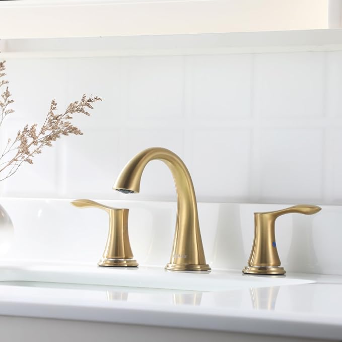 Bathroom Sink Faucet 8 Inch Widespread for Vanity, Brushed Gold | Mid Arc Brass Spout, 2 Handle Lead-Free Bathroom Faucet with Metal Pop Up Drain Supply Lines for 3 Hole Lavatory Utility Sink