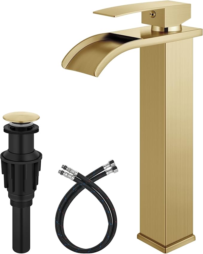 Vessel Sink Faucet Waterfall Tall Bathroom Faucet Single Handle,Single Hole Lavatory Vanity Mixer Tap with Pop Up Drain and Supply Lines,Brushed Gold