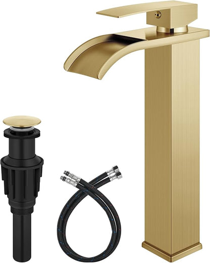 Vessel Sink Faucet Waterfall Tall Bathroom Faucet Single Handle,Single Hole Lavatory Vanity Mixer Tap with Pop Up Drain and Supply Lines,Brushed Gold