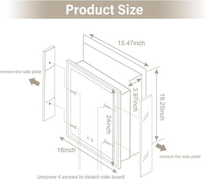 LED Medicine Cabinet,Recess Mirror Cabinet for Bathroom,3 Color,Dimmable,Demister, Detachable Side Panel for Recess Mount or Surface Mount,USB Shaver Socket, Internal Lighting,16x24inch,White