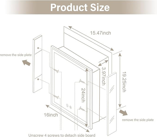 LED Medicine Cabinet,Recess Mirror Cabinet for Bathroom,3 Color,Dimmable,Demister, Detachable Side Panel for Recess Mount or Surface Mount,USB Shaver Socket, Internal Lighting,16x24inch,White