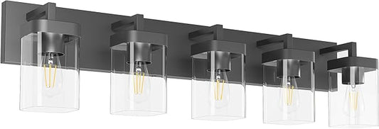 Bathroom Vanity Light, Square Design 5 Lights Morden Bathroom Lighting Fixtures Over Mirror, Black Vanity Light for Living Room/Bedroom