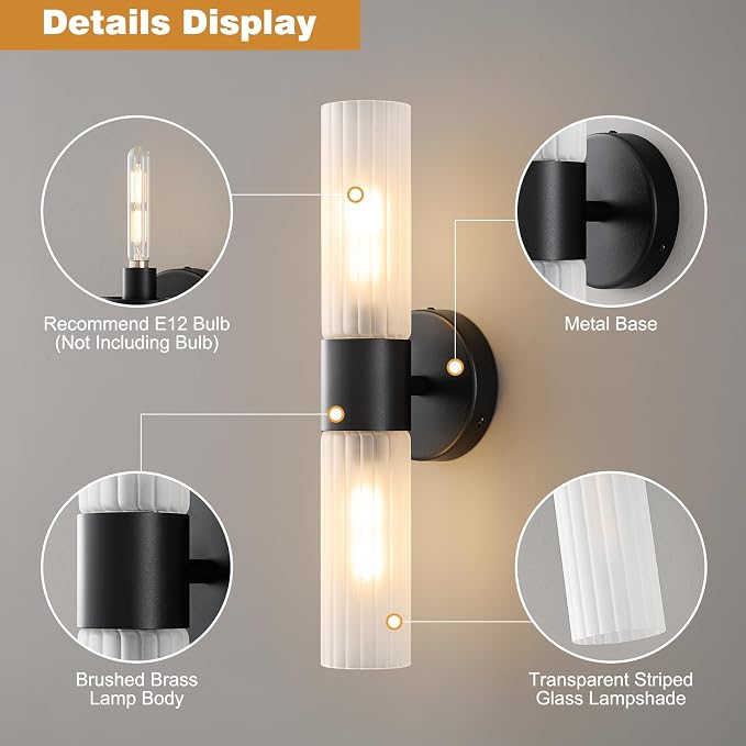 Bathroom Light Fixtures 2-Light, Modern Vanity Light for Bathroom, Wall Sconce with Frosted Glass Rods Shades, Hardwired Wall Light Fixtures for Living Room Bedroom Hallway (Black)