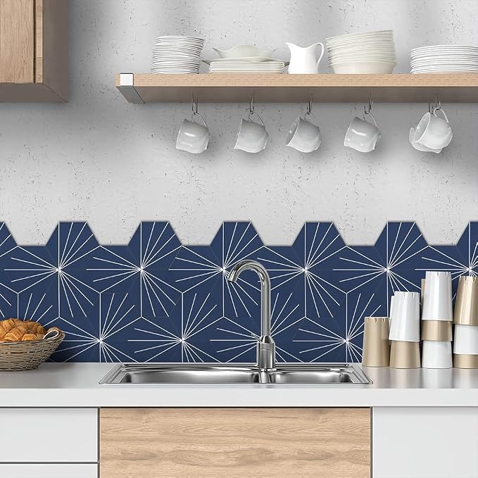 AULIGET Flower Vintage Hexagon Tile Peel and Stick Backsplash, 6"x7" Self Adhesive Wall Tiles in Blue (Pack of 45)