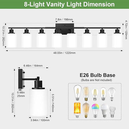 Indoi 8-Light Bathroom Light Fixtures, Matte Black Modern Vanity Lights with Milky White Shades, Bathroom Wall Lamp for Mirror Living Room Cabinet Bedroom Porch