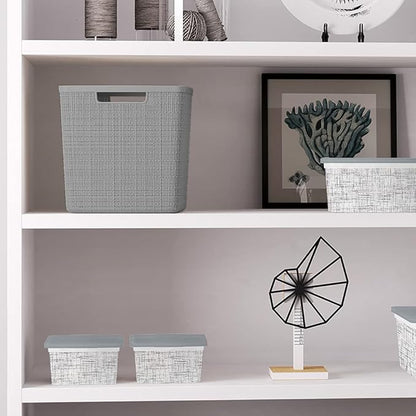 Curver Set of 4 Large Cube 17L Jute Decorative Plastic Organization and Storage Baskets - Perfect Bins for Home Office, Closet Shelves, Kitchen Pantry and All Bedroom Essentials, Grey