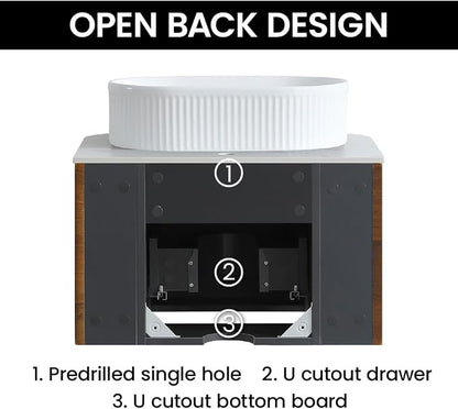 24" Preassembled Floating Bathroom Vanity with White Sink, Walnut | Mid-Century Modern Style, Fluted & Soft-Close Drawer with U-shaped Wall, Sinterted Stone Countertop, Towel Rack Included