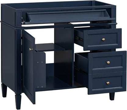 36'' Bathroom Vanity Without Sink, Solid Wood Frame Modern Organizer Storage Cabinet, Tip-Out Drawer, Soft Closing Doors, Free Standing, Blue