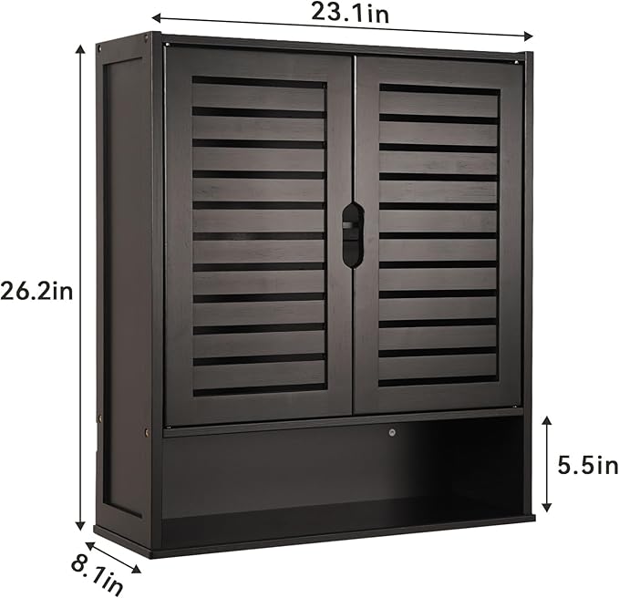 HYNAWIN Black Wall Mounted Bathroom Storage Cabinet with Shutter Doors, Adjustable Shelf, Magnetic Lock & Open Shelf for Kitchen, Living Room, or Entryway