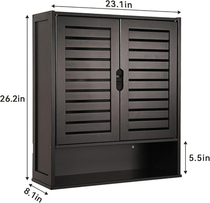 HYNAWIN Black Wall Mounted Bathroom Storage Cabinet with Shutter Doors, Adjustable Shelf, Magnetic Lock & Open Shelf for Kitchen, Living Room, or Entryway